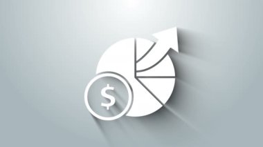 Gri arkaplanda beyaz para ve diyagram grafik simgesi izole. Finansal analizler, bütçe planlaması, finans yöneticileri. 4K Video hareketli grafik canlandırması