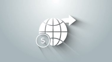 Gri arkaplanda dolar sembolü olan Beyaz Dünya küresi. Dünya ya da Dünya işareti. Küresel internet sembolü. Geometrik şekiller. 4K Video hareketli grafik canlandırması