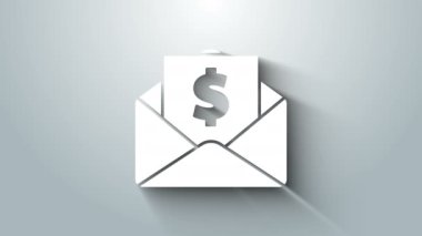 Bozuk para sembolü olan beyaz zarf gri arkaplanda izole edilmiş. Maaş zammı, maaş bordrosu, tazminat geliri. 4K Video hareketli grafik canlandırması