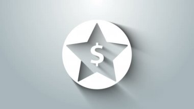 Ak Yıldız ve Dolar simgesi gri arkaplanda izole edildi. Favori, en iyi derecelendirme, ödül sembolü. 4K Video hareketli grafik canlandırması