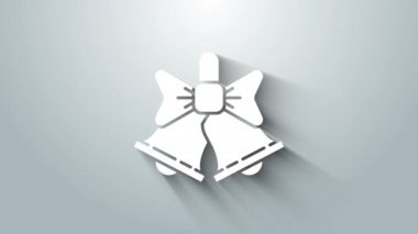 Beyaz Mutlu Noeller zil ikonu gri arka planda izole edildi. Alarm sembolü, servis zili, el zili işareti, uyarı. 4K Video hareketli grafik canlandırması