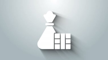 Gri arka planda beyaz hediye kutusu ve çanta ikonu izole edildi. Mutlu Noeller ve mutlu yıllar. 4K Video hareketli grafik canlandırması