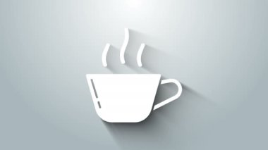 Beyaz kahve fincanı simgesi gri arkaplanda izole edilmiş. Çay fincanı. Sıcak içecek kahvesi. 4K Video hareketli grafik canlandırması