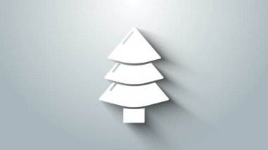 Beyaz Noel ağacı simgesi gri arkaplanda izole edilmiş. Mutlu Noeller ve mutlu yıllar. 4K Video hareketli grafik canlandırması