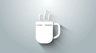 Beyaz kahve fincanı simgesi gri arkaplanda izole edilmiş. Çay fincanı. Sıcak içecek kahvesi. 4K Video hareketli grafik canlandırması