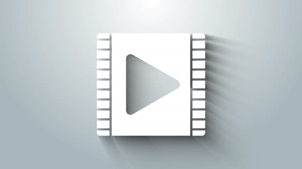 白色播放视频图标孤立在灰色背景。带有播放标志的电影胶片。4K视频运动图形动画 — 图库视频影像