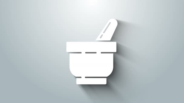 White Mortar and pestle icon isolated on grey background. 4K Video motion graphic animation