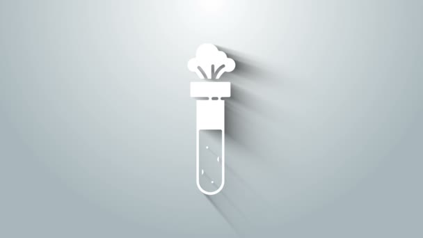 Tubo de ensaio branco e ícone de ensaio químico do frasco isolado sobre fundo cinzento. Sinal de vidro de laboratório. Animação gráfica em movimento de vídeo 4K — Vídeo de Stock