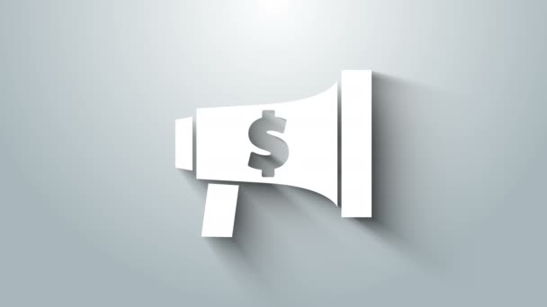 Weißes Megafon und Dollarsymbol isoliert auf grauem Hintergrund. Lautsprecheralarm. Bullhorn für Mundstück Schreiförderung. 4K Video Motion Grafik Animation — Stockvideo