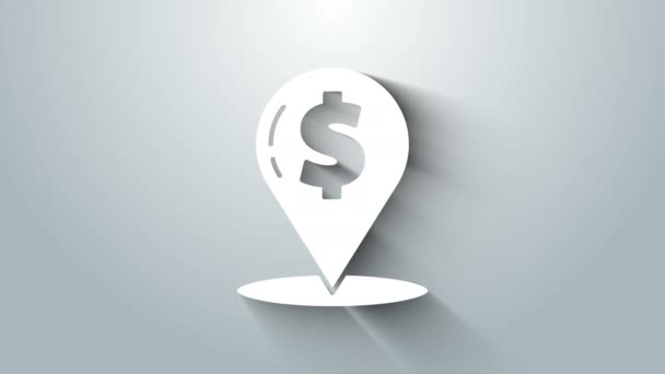 Weißes Cash-Pin-Symbol isoliert auf grauem Hintergrund. Zeiger und Dollarsymbol. Geldstandort. Geschäfts- und Investitionskonzept. 4K Video Motion Grafik Animation — Stockvideo