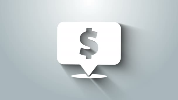 Bolha de fala branca com ícone de dólar isolado em fundo cinza. Distintivo por preço. Venda com símbolo de dólar. Desconto de marca promocional. Animação gráfica em movimento de vídeo 4K — Vídeo de Stock