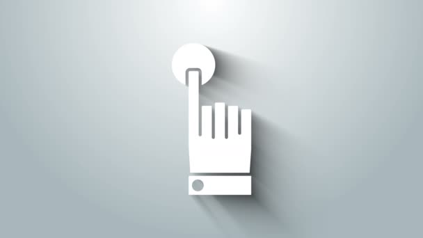 Biała ręka dotknij i dotknij ikony gestu odizolowanej na szarym tle. Kliknij tutaj, palec, dotyk, wskaźnik, kursor, symbol myszy. 4K Animacja graficzna ruchu wideo — Wideo stockowe