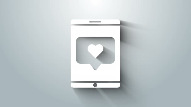Белый мобильный телефон и как с иконкой сердца, выделенной на сером фоне. Знак контруведомления. Следуйте за инстаграм. Видеографическая анимация 4K — стоковое видео