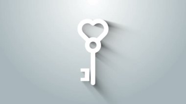 Gri arkaplanda izole edilmiş kalp şeklindeki beyaz anahtar. Sevgililer Günü. 4K Video hareketli grafik canlandırması