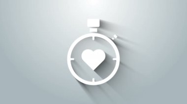 Merkezdeki beyaz kalp kronometre simgesi gri arkaplanda izole edildi. Sevgililer Günü. 4K Video hareketli grafik canlandırması