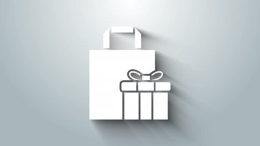 Gri arkaplanda beyaz hediye kutusu simgesi izole edildi. 4K Video hareketli grafik canlandırması