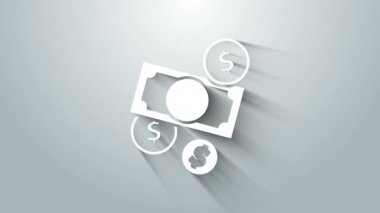 Beyaz Yığınlar kağıt para nakit ve dolar sembollü para gri arka planda izole edilmiş. Para desteleri. 4K Video hareketli grafik canlandırması