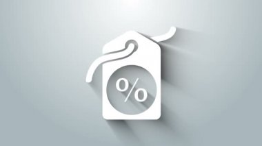 Beyaz indirim etiketi simgesi gri arkaplanda izole edildi. Etiket alışverişi. Özel teklif işareti. İndirim kuponları sembolü. 4K Video hareketli grafik canlandırması