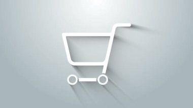 Gri arkaplanda beyaz alışveriş arabası simgesi izole edildi. İnternetten satın alma konsepti. Servis tabelası. Süpermarket sepeti sembolü. 4K Video hareketli grafik canlandırması