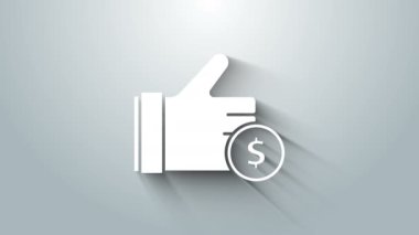 Beyaz El gri arka planda izole edilmiş madeni para simgesi tutuyor. Dolar ya da USD sembolü. Nakit bankacılık tabelası. 4K Video hareketli grafik canlandırması