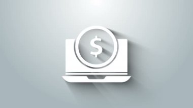 Gri arkaplanda dolar sembolü olan beyaz dizüstü bilgisayar. İnternetten alışveriş konsepti. İnternetten kazanç, pazarlama. 4K Video hareketli grafik canlandırması