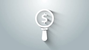 Beyaz büyüteç ve dolar sembolü gri arka planda izole edilmiş. Para bul. Para arıyorum. 4K Video hareketli grafik canlandırması