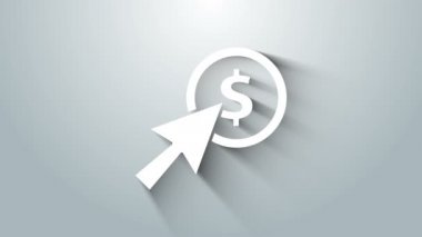 Beyaz imleç ve madeni para simgesi gri arkaplanda izole edildi. Dolar ya da USD sembolü. Nakit bankacılık tabelası. 4K Video hareketli grafik canlandırması