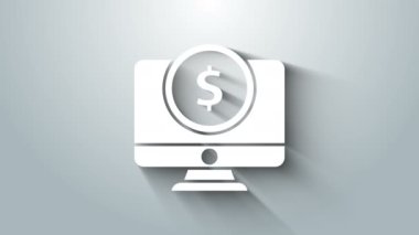 Gri arkaplanda dolar sembolü olan beyaz bilgisayar monitörü. İnternetten alışveriş konsepti. İnternetten kazanç, pazarlama. 4K Video hareketli grafik canlandırması