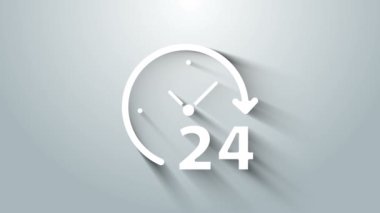 Gri arkaplanda 24 saatlik beyaz saat simgesi izole edildi. Tüm gün döngü simgesi. 24 saat hizmet sembolü. 4K Video hareketli grafik canlandırması