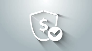 Gri arkaplanda dolar sembolü olan Beyaz Kalkan. Güvenlik kalkanı koruması. Para güvenliği konsepti. 4K Video hareketli grafik canlandırması