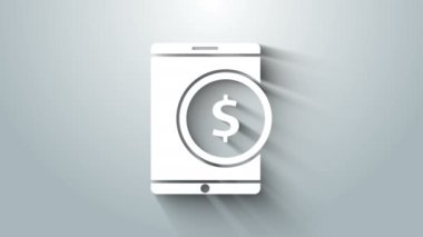 Gri arkaplanda dolar sembolü olan beyaz tablet. İnternetten alışveriş konsepti. Finansal cep telefonu. Çevrimiçi ödeme. 4K Video hareketli grafik canlandırması