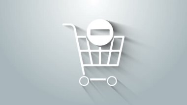 Ak Temizleme alışveriş arabası simgesi gri arkaplanda izole edildi. İnternetten satın alma konsepti. Teslimat servisi. Süpermarket sepeti ve X işareti. 4K Video hareketli grafik canlandırması