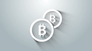 Beyaz Kripto Para Parası Bitcoin simgesi gri arka planda izole edildi. Madeni para. Engelleme zinciri tabanlı şifreli para birimi. 4K Video hareketli grafik canlandırması