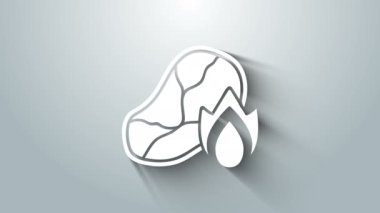 Beyaz ızgara biftek eti ve gri arka planda izole edilmiş ateş alevi ikonu. 4K Video hareketli grafik canlandırması