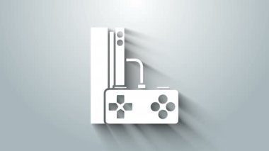 Gri arkaplanda joystick simgesi olan beyaz video oyun konsolu. 4K Video hareketli grafik canlandırması