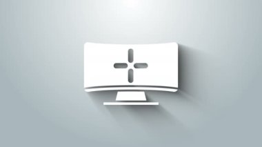 Gri arkaplanda beyaz bilgisayar izleme simgesi izole edildi. Bilgisayar bileşeni işareti. 4K Video hareketli grafik canlandırması