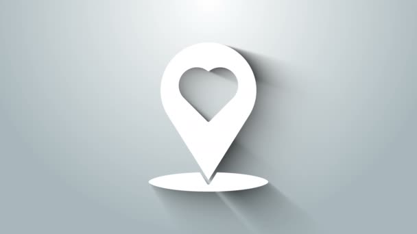 Fehér térkép mutató szív ikon elszigetelt szürke háttér. Valentin nap. Szerelmi helyszín. Romantikus térkép kitűző. 4K Videó mozgás grafikus animáció — Stock videók