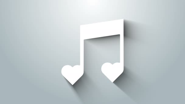 White Music Note, Ton mit Herz-Symbol isoliert auf grauem Hintergrund. Valentinstag. 4K Video Motion Grafik Animation — Stockvideo