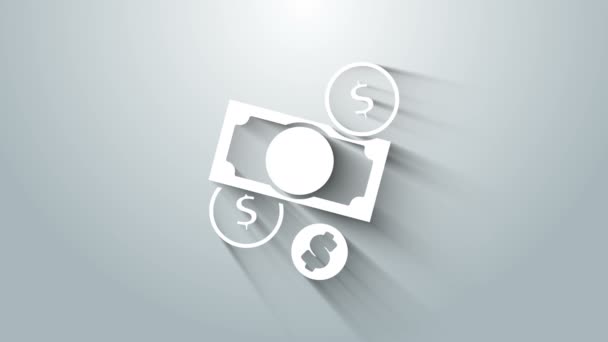 白色堆栈纸货币现金和硬币货币与美元符号图标孤立在灰色背景。钞票堆积如山。4K视频运动图形动画 — 图库视频影像