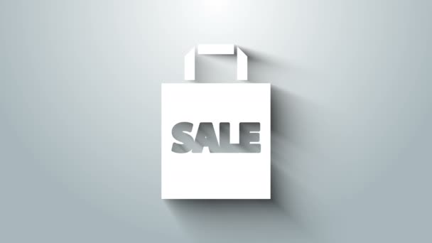 Borsa shoping bianca con un'iscrizione Icona di vendita isolata su sfondo grigio. Segno della borsa. Icona borsa donna. Segno borsa femminile. Animazione grafica 4K Video motion — Video Stock