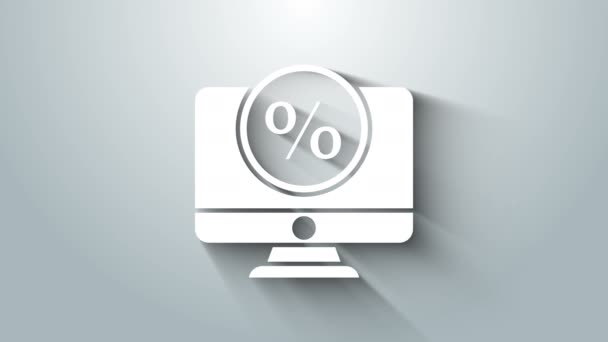 Branco por cento símbolo desconto e ícone monitor isolado no fundo cinza. Percentagem de venda - etiqueta de preço, tag. Animação gráfica em movimento de vídeo 4K — Vídeo de Stock