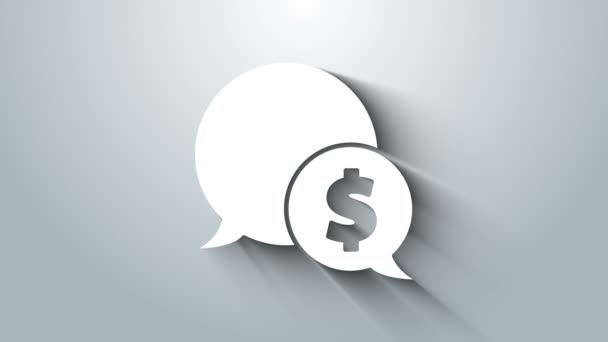 Bílá řeč bublina s dolarovou ikonou izolované na šedém pozadí. Odznak za cenu. Prodej se symbolem dolaru. Promo tag sleva. Grafická animace pohybu videa 4K — Stock video