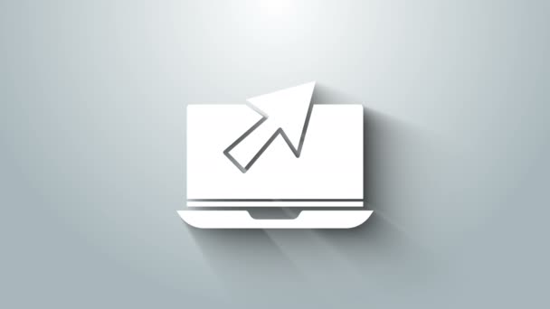 Bílý notebook a ikona kurzoru izolované na šedém pozadí. Počítačový sešit s prázdnou tabulkou. Grafická animace pohybu videa 4K — Stock video