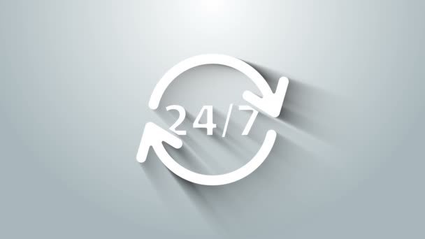 White Clock 24 hours icon isolated on grey background. All day cyclic icon. 24 hours service symbol. 4K Video motion graphic animation — Stock Video