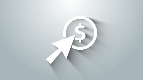 Bílý kurzor a ikona mince izolované na šedém pozadí. Symbol dolaru nebo USD. Cash Banking currency sign. Grafická animace pohybu videa 4K — Stock video