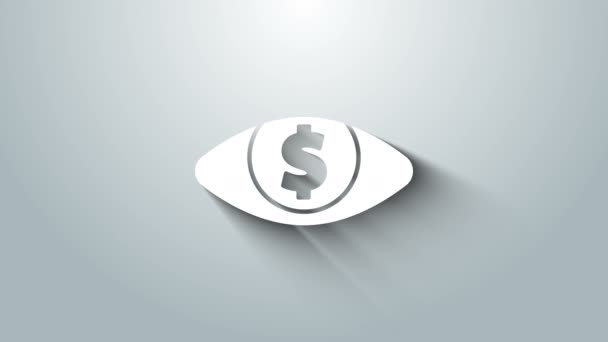 Bílé oko s ikonou dolaru izolované na šedém pozadí. Grafická animace pohybu videa 4K — Stock video
