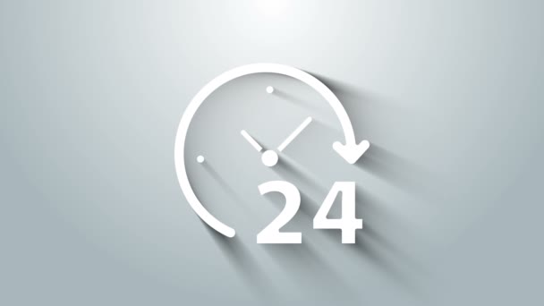 White Clock 24 hours icon isolated on grey background. All day cyclic icon. 24 hours service symbol. 4K Video motion graphic animation — Stock Video