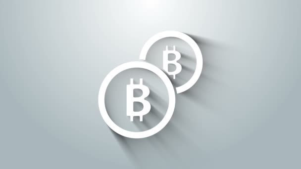 Biała kryptowaluta Bitcoin ikona odizolowana na szarym tle. Fizyczna moneta. Zabezpieczona kryptowaluta oparta na blockchain. 4K Animacja graficzna ruchu wideo — Wideo stockowe