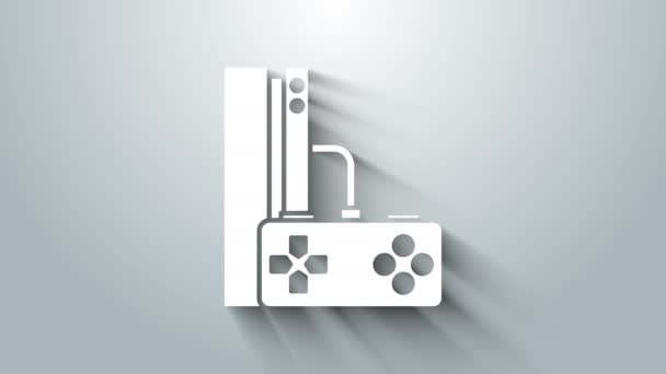 Белая игровая консоль с иконкой джойстика на сером фоне. Видеографическая анимация 4K — стоковое видео