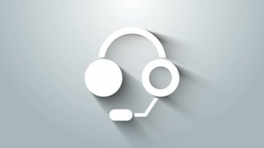 Gri arkaplanda beyaz kulaklık simgesi izole edildi. Kulaklıklar. Müzik, hizmet, iletişim ve operatör konsepti. 4K Video hareketli grafik canlandırması